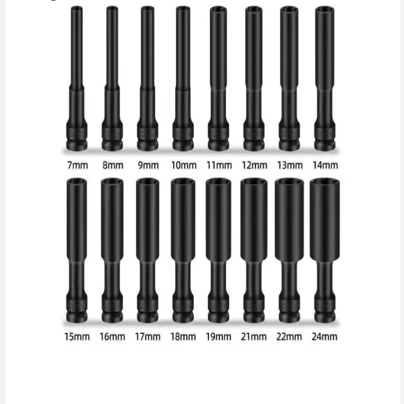 2In1 8-12Mm Long Impact Hex Socket Set Wrench Hex Socket With Variation 1/2"Drive Carbon Black Steel