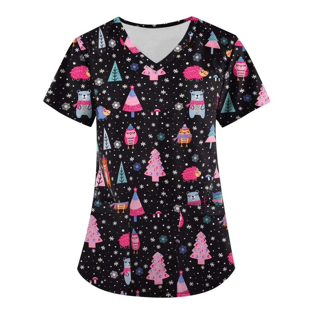 Women's Scrubs Medical Uniform, Festive Snowflake Christmas Tree Print Pattern, High-Quality, Easy To Clean, Quick Drying Clothi