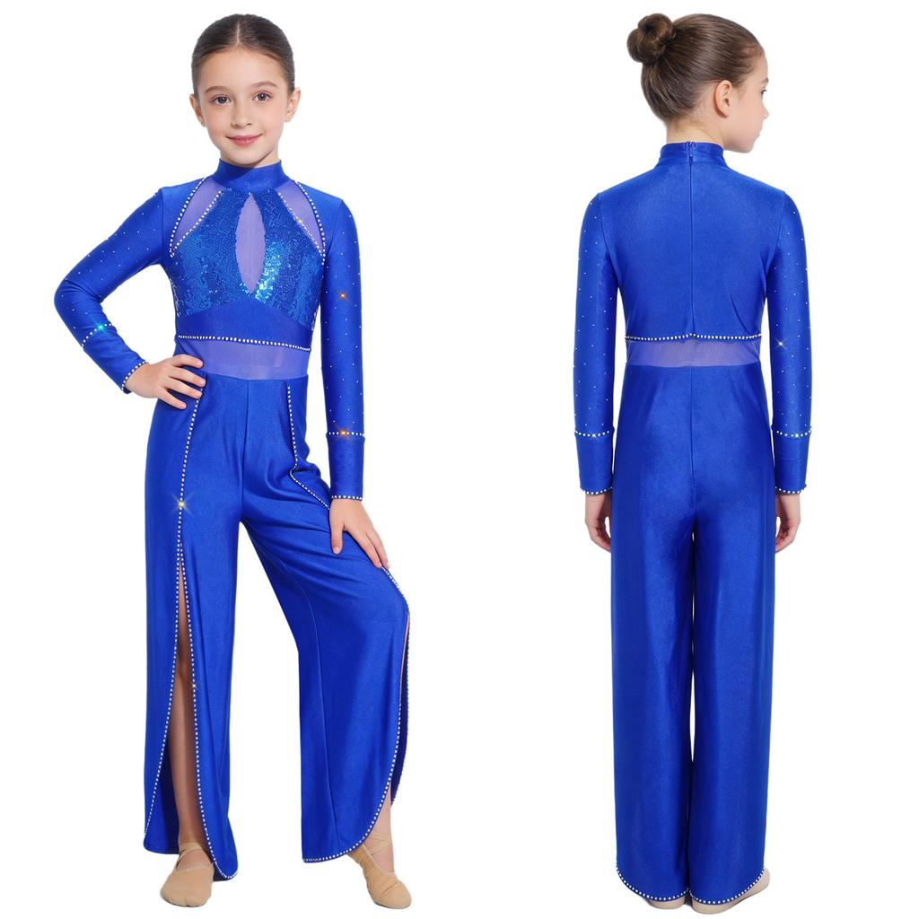 Kids Girls Lyrical Dance Costume Shiny Rhinestones Sequins Mesh Patchwork Jumpsuit Mock Neck Long Sleeve Back Invisible Zipper Split Wide Leg Bodysuit