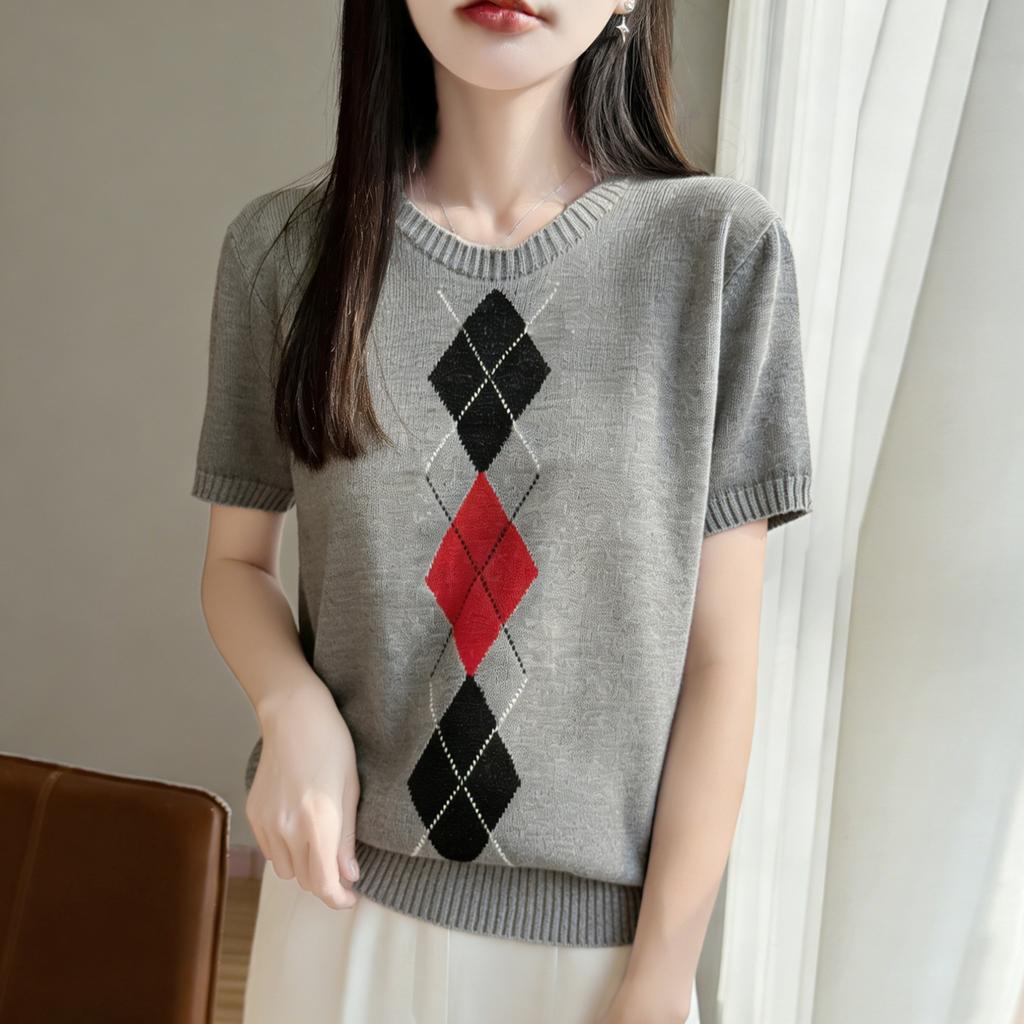 Contrasting Color Herringbone Short-sleeved Knit Top for Women - Summer Round-neck T-shirt with A School-style Design