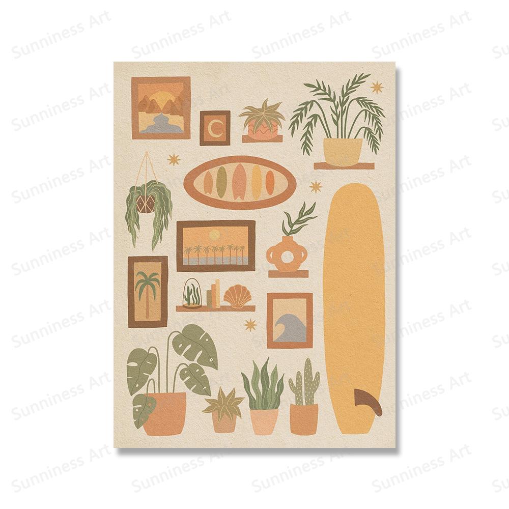 Obraz na plátně Wave Chaser Surf Girl Západ slunce Plážový dům Pobřežní rostliny Tisky Severské Surfařské chatrče Plakáty Domácí Umělecká Dekorace Obrázky