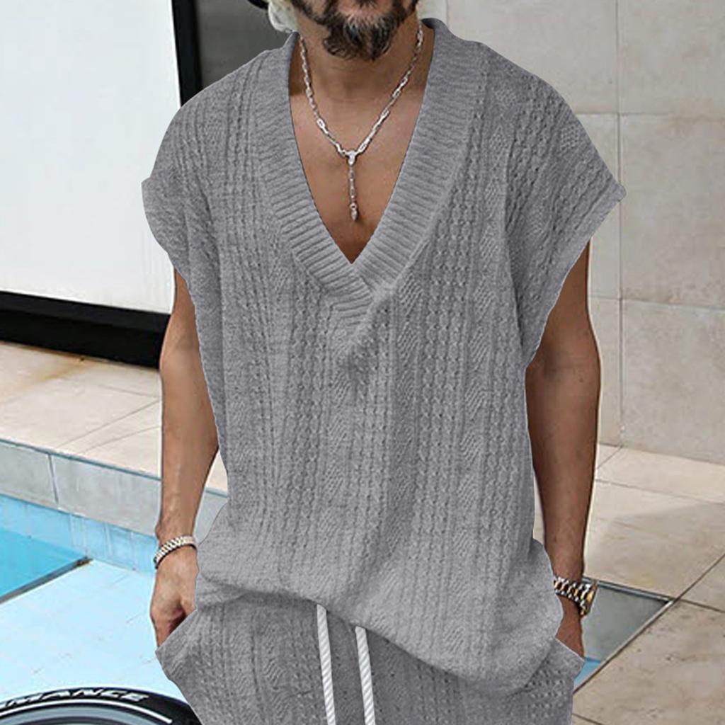 Men's Loose Casual V-Neck Sleeveless Tops Men's Knitted Sleeveless Vest Tops
