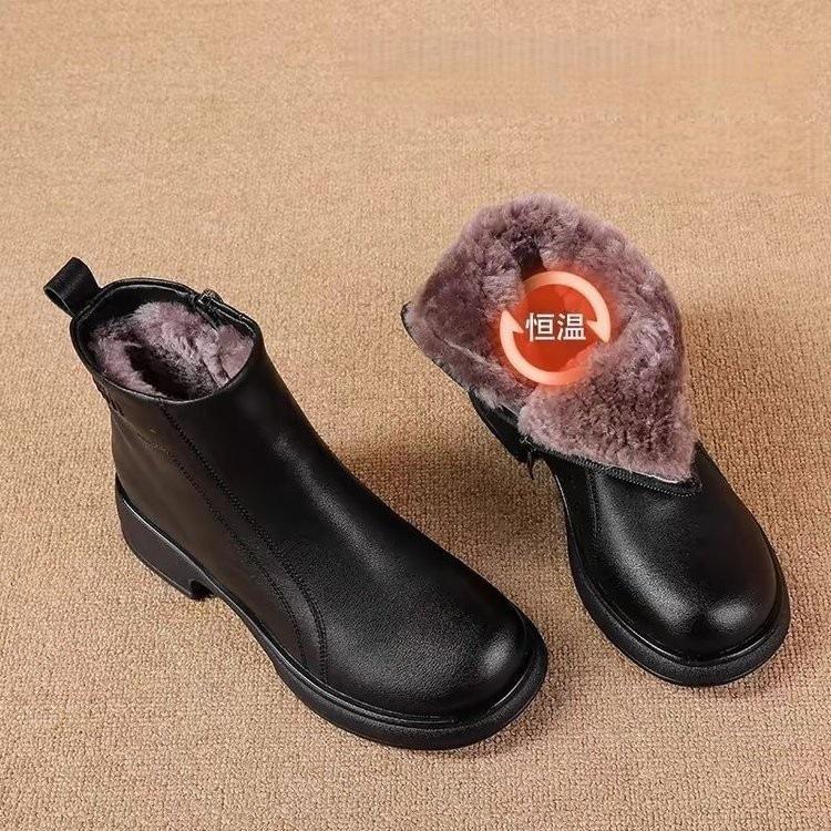 Boots Thick-soled Thick-haired Comfortable Medium-heeled Short Boots Winter Side Zipper Cotton Boots Warm Soft-soled Leather Boots