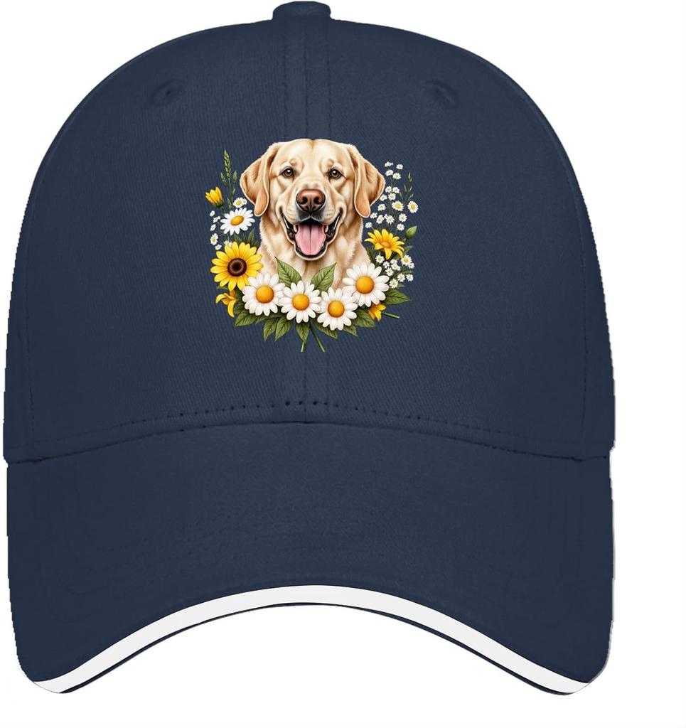 Labrador Dog Sunflower Daisy Floral Print Baseball Cap Unisex Polyester Adjustable Outdoor Hat