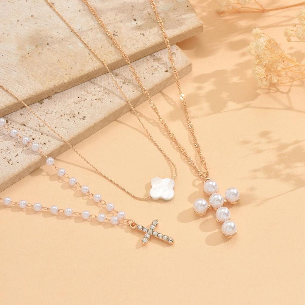 Rhinestone Pearl Cross Pendant Multi-Layer Choker Necklace: European & American Fashion Jewelry