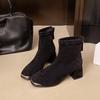 Fashion French Retro Elastic Ankle Boots Suede Thick Heeled Temperament Women's Shoes Suede Back Zipper Square Toe Short Botas Female