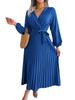 Elegant Women Pleated Maxi Dress Long Sleeve V Neck