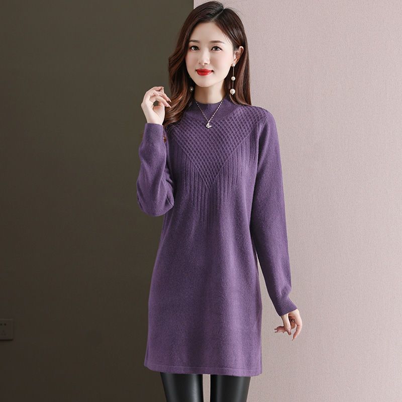 Turtleneck Knitted Dress for Women Loose Mid-length Sweater Dress Solid-color Casual Pullover Autumn and Winter