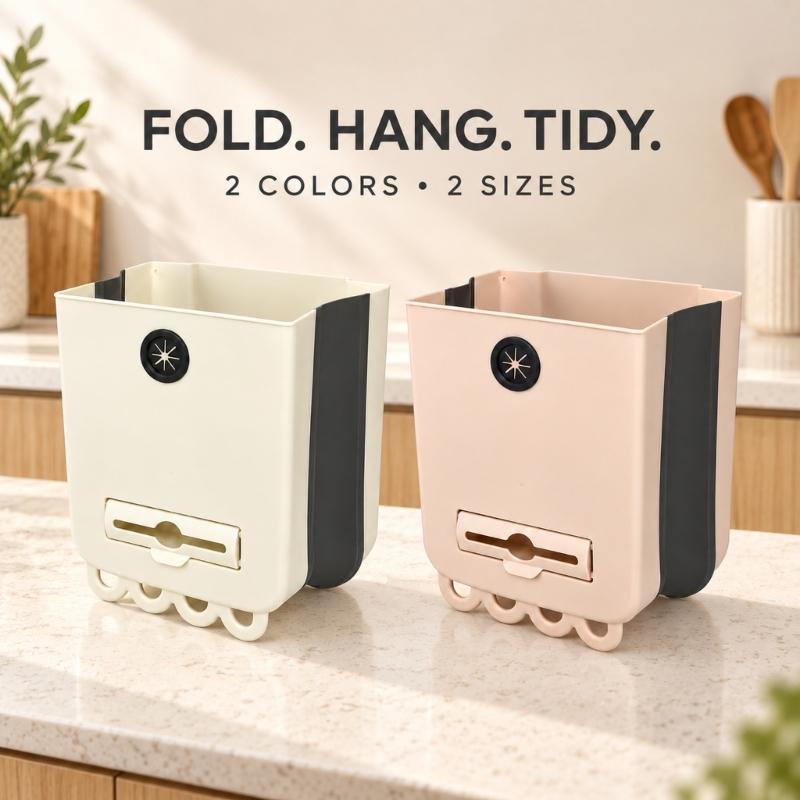 Wall-Hanging Folding Trash Container with Plastic Body for Kitchen Cleanup, Laundry Rooms, Dorms, and Office Use
