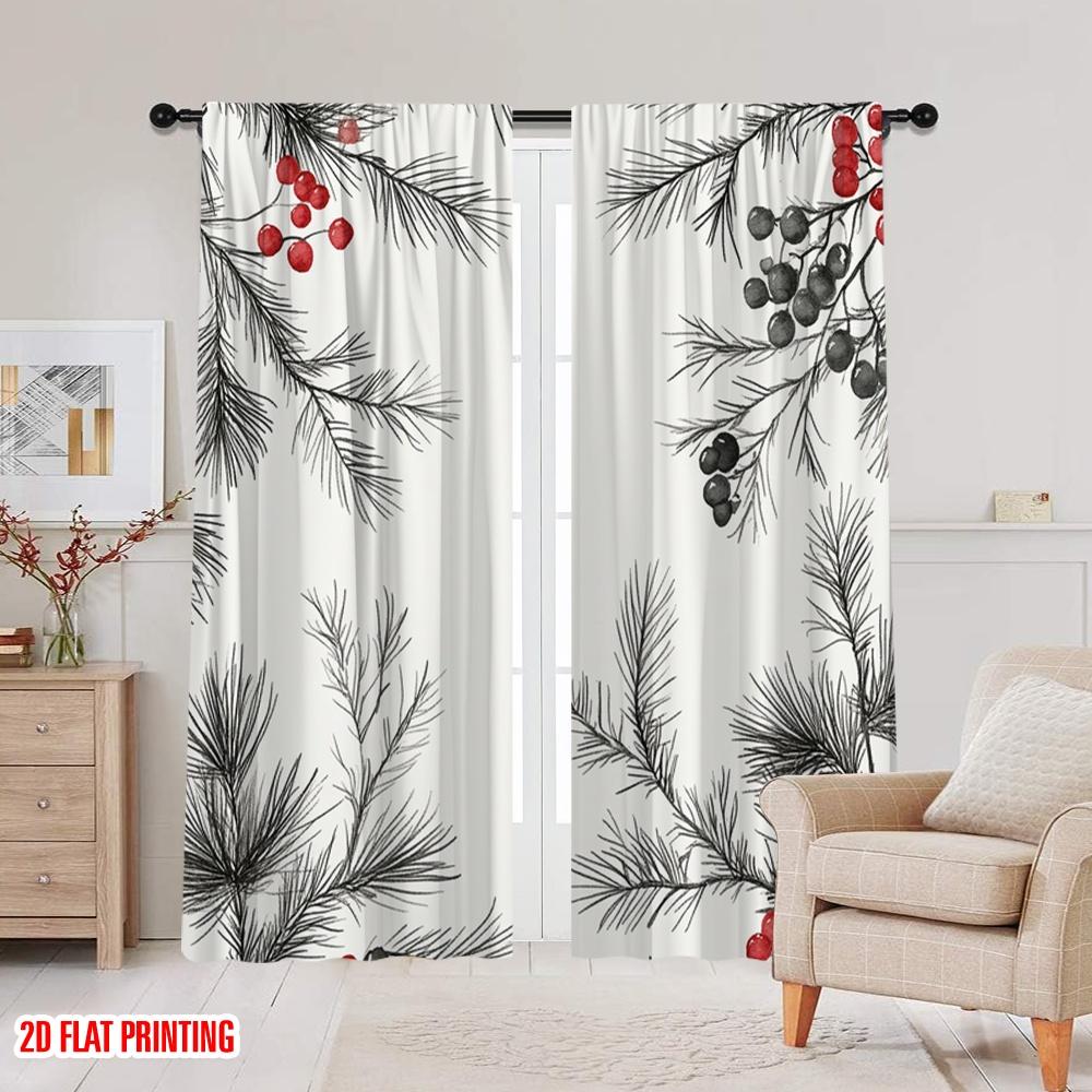 2pcs,2D Plane Printing Curtains Christmas Pine Berry Branches Versatile Durable Polyester (without Rod) Gifts for Bedroom and