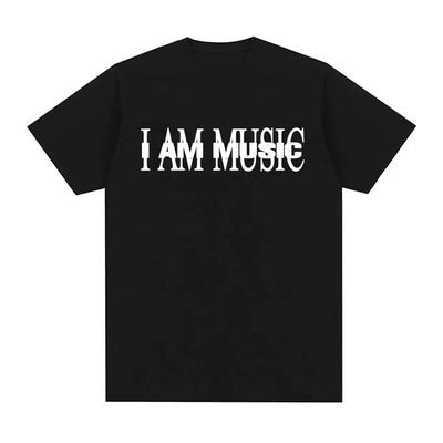 Men's I Am Music English Print 100% Pure Cotton Short-sleeved T-shirt, Street High-quality Clothing Top