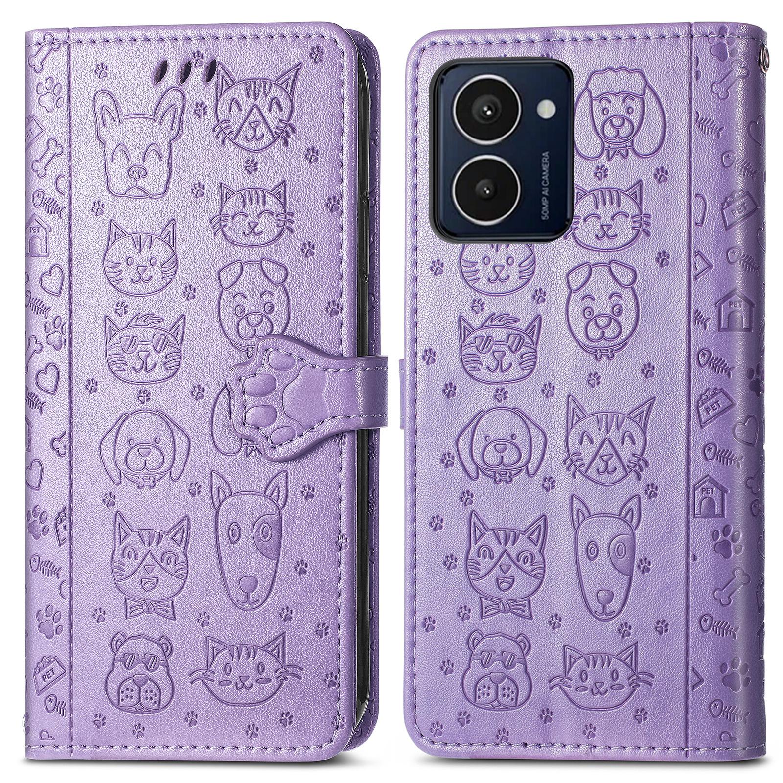 

For HMD Pulse Pro Leather Wallet Case Flip Phone Cover with Cute Cat Dog Pattern Light Purple