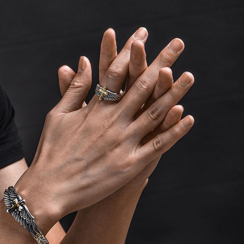 Retro Cross Feather Graffiti Ring For Men Punk Gothic Adjustable Ring Handmade Rock Hiphop Unisex Zircon Accessories Man Gift