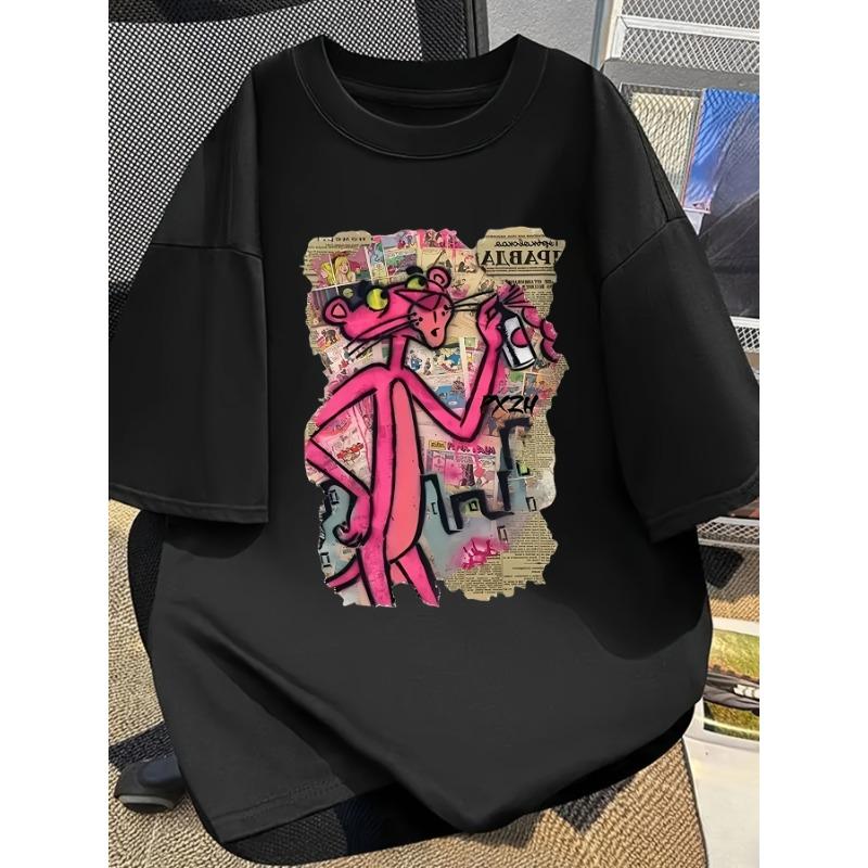 Women's Fashion Pink Panther Pattern Printed Short Sleeve T-Shirt Casual Tops Fashion Commuter Tops Trendy Breathable Cotton