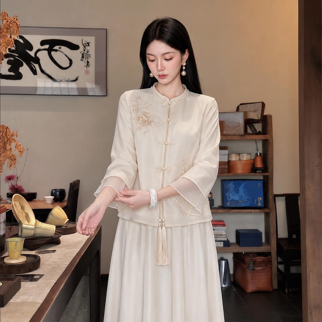 New Chinese Pearl Hemming Stand-up Collar Disc-buckled Embroidered Top Elegant Pendulum Skirt Temperament Two-piece Set P7111