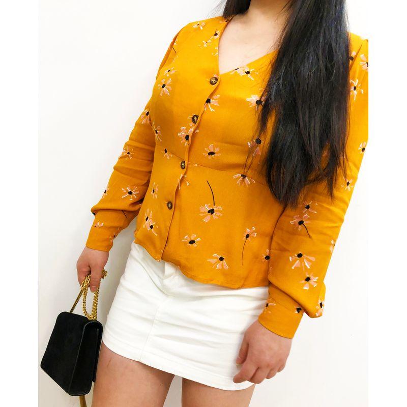 

50% off Miss Biggie European and American Plus size Slimming Versatile Hem Lotus Leaf V-neck Long sleeve Cotton Silk Shirts Top Bright yellow XXXL