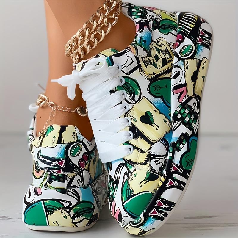 Womens Graffiti Art Sneakers - Stylish Lace-Up Platform Shoes with Comfortable Low Top Design - Perfect for Sports & Casual Wear