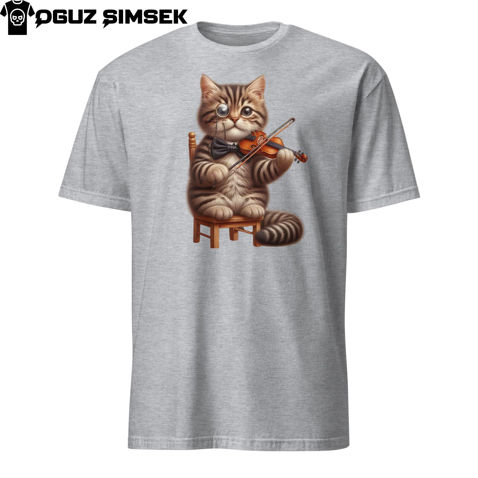 Cat Playing Violin Short-Sleeve Unisex T-Shirt Mens Womens Tees Top | Unique Musician Graphic Tee L