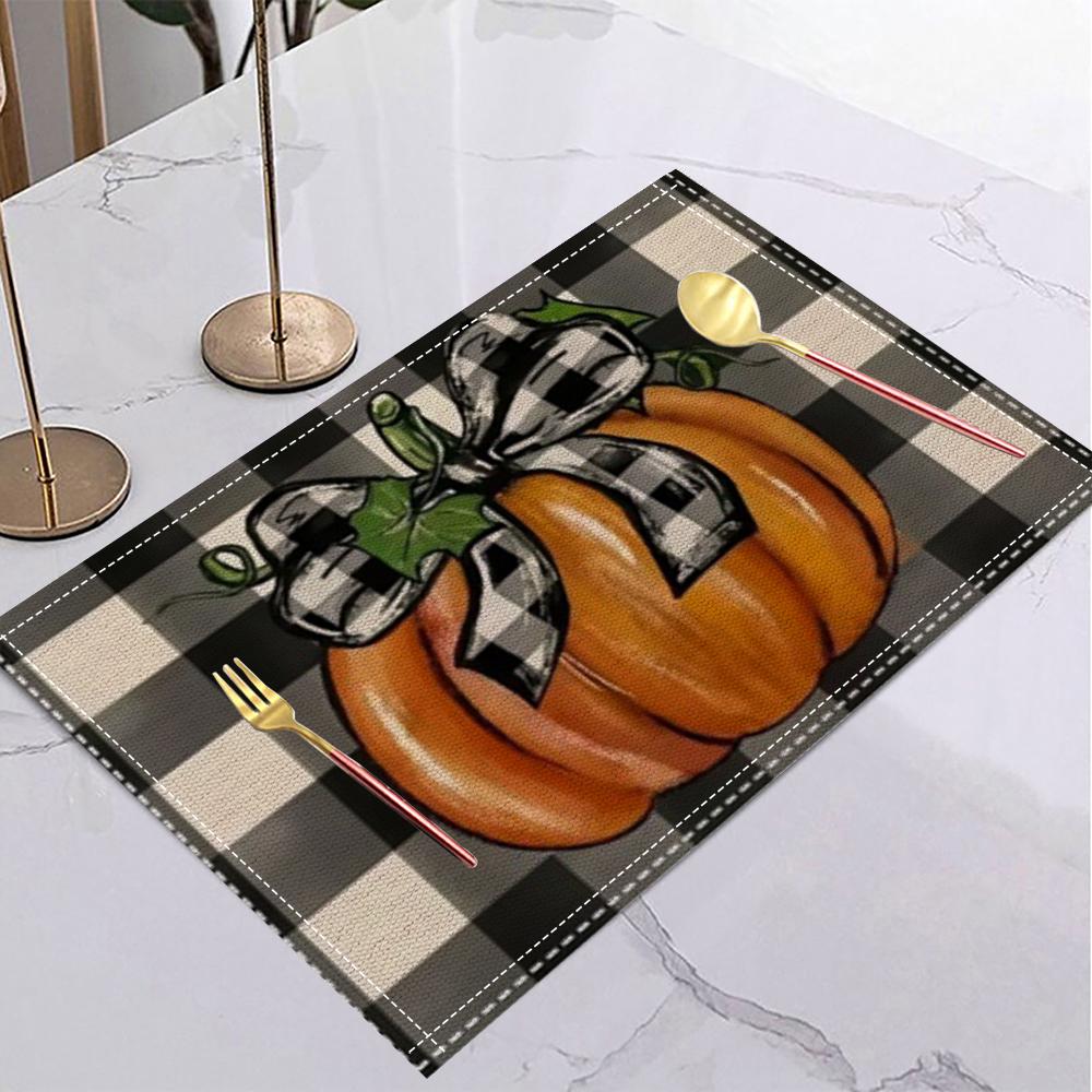 Halloween Linen Placemat Table Coffee Mat Orange Black Jack-o'-lantern Bat Plaid Pumpkin Gnome Happy Halloween Decorative
