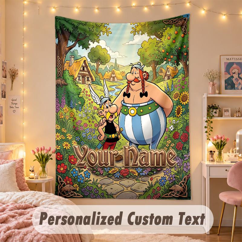 Custom Personalized Tapestry,Asterix & Obelix Print Custom Name Text Wall Art Hanging for Bedroom