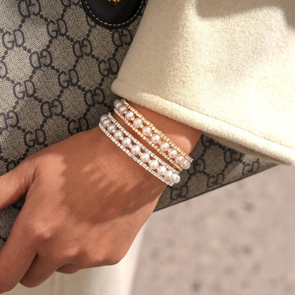 European and American Court Style Diamond-encrusted Imitation Pearl Beaded Three-layer Open Bracelet Exquisite Light Luxury Jewelry