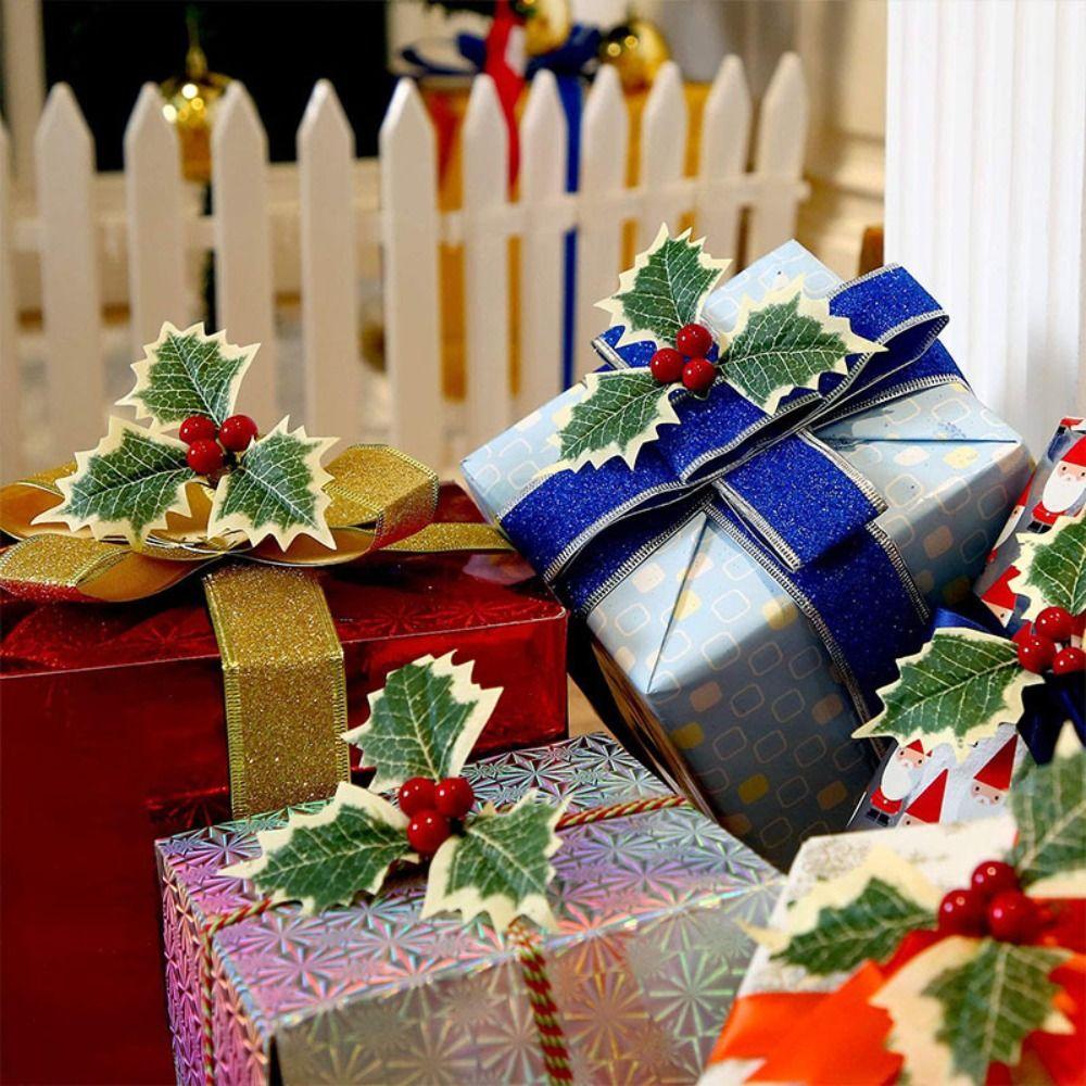 30PCS Fake Plant Christmas Green Leaves Handmade Materials Red Berries  Christmas Decoration