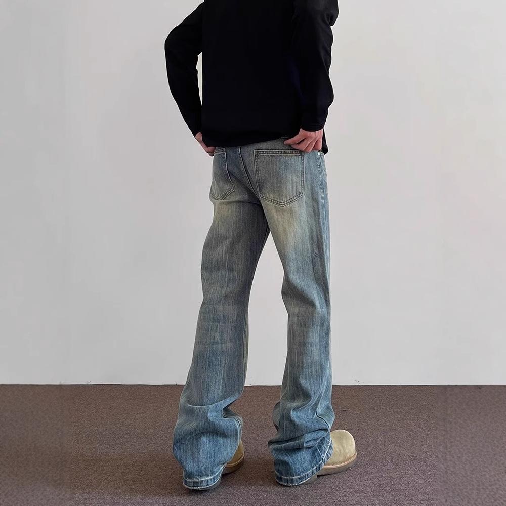 JYL Men's Slub Jeans Cleanfit Whisker Washed Straight Flare Vibe Denim Pants