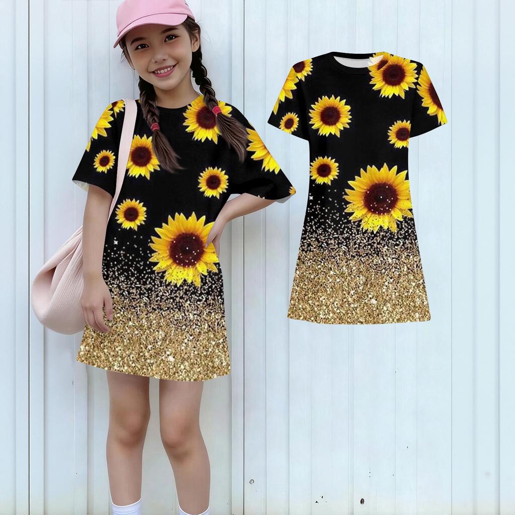 Girls Print Casual Dress Kids Loose Round Neck Short Sleeve Thin Sundress
