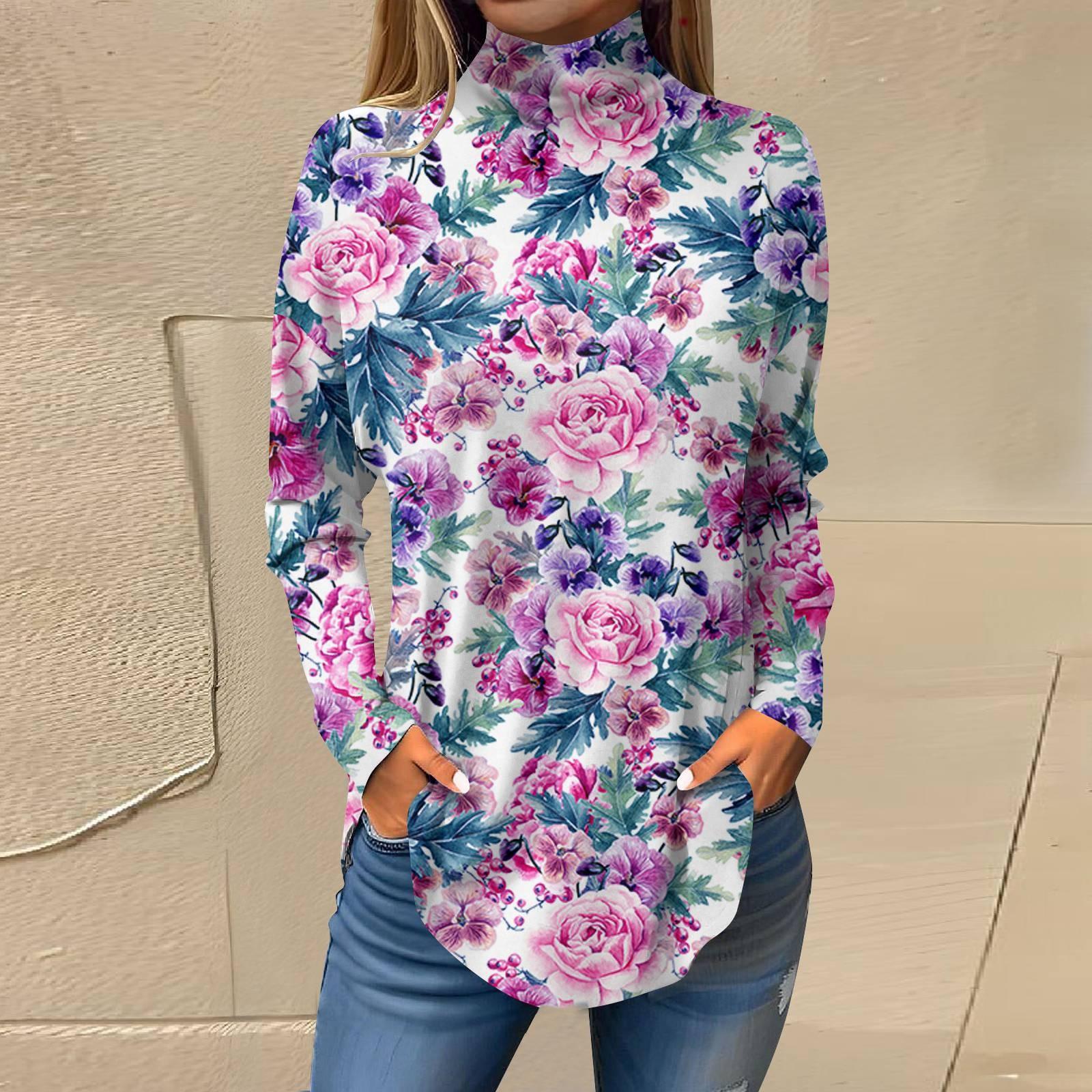 

Женская свободная футболка с высоким воротом и длинными рукавами с цветочным принтом в стиле ретро, топ-пуловер XXL розовый