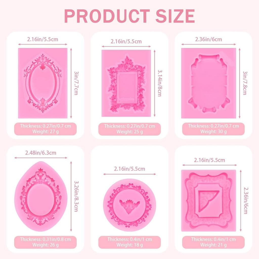 6 PCS Photo Frame Silicone Molds Frame Chocolate Silicone Molds Vintage Style Picture Frame Moulds for Cake Decorating Cupcake Topper Chocolate Candy