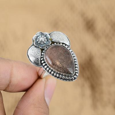 Sakralchakra Natürlicher Sonnenstein Tochter Blume Ehering 925 Sterlingsilber