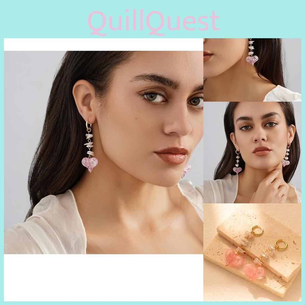 Heart Long Pink Shaped Earrings With Pearls Adorned For Stylish Women