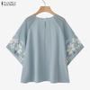 ZANZEA Women Casual Round Neck Loose Mesh Splice 3/4 Sleeve Blouse