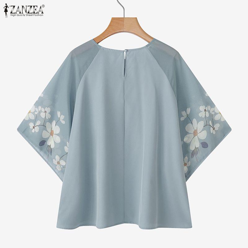 ZANZEA Women Casual Round Neck Loose Mesh Splice 3/4 Sleeve Blouse