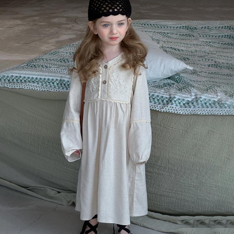 Girls' Spring Retro French Lace Long Sleeve Dress