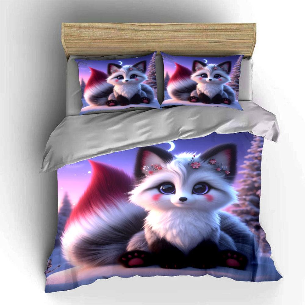 Cute Blue-Eyed Fox In Snowy Night Printed Duvet Cover Set1 Duvet Cover+2 Pillowcasemulti Size Bedroom Bedding Decor Luxury Gift