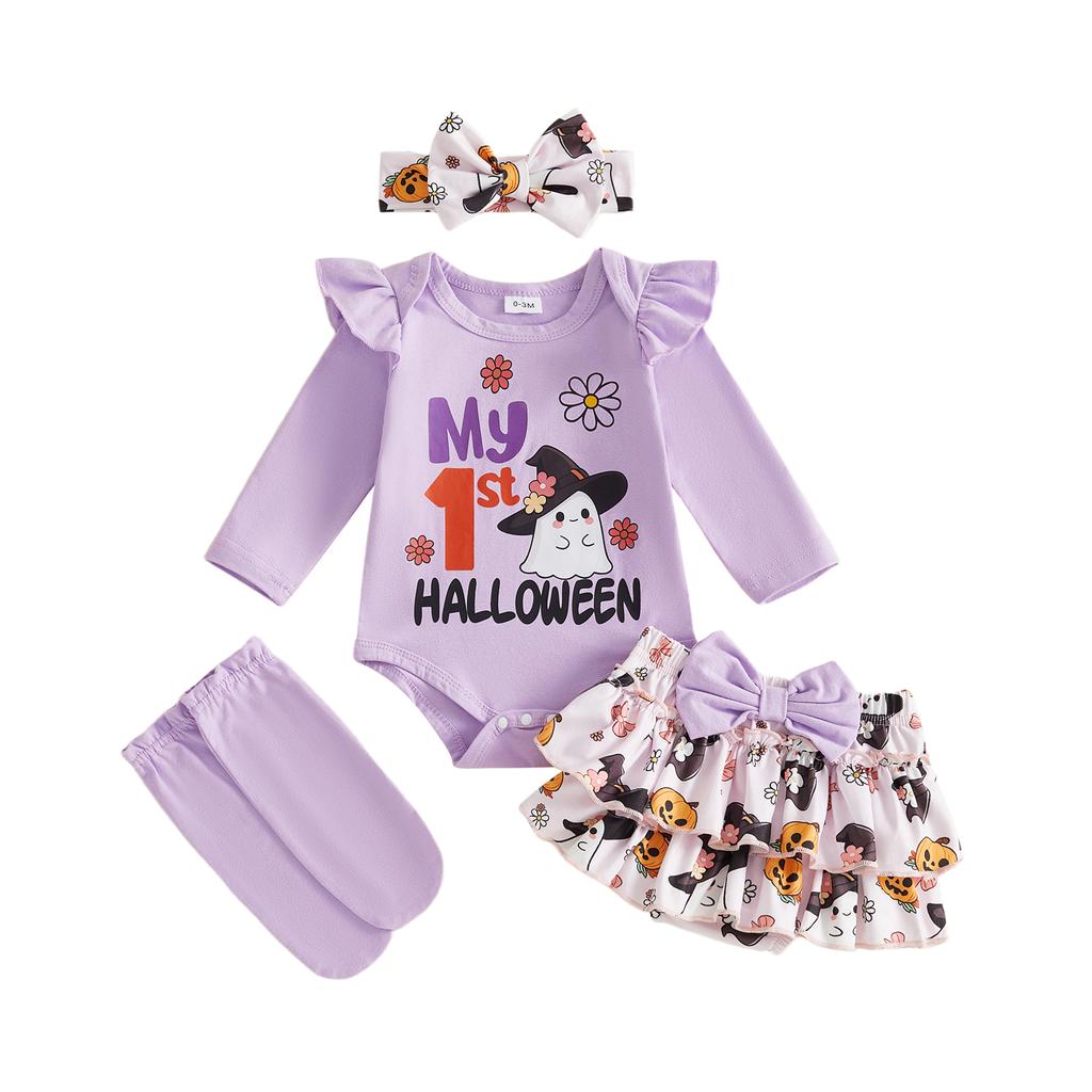 Citgeett Autumn Halloween Infant Baby Girls Outfits Long Sleeve Jumpsuit Skort Socks Headband Fall Clothes