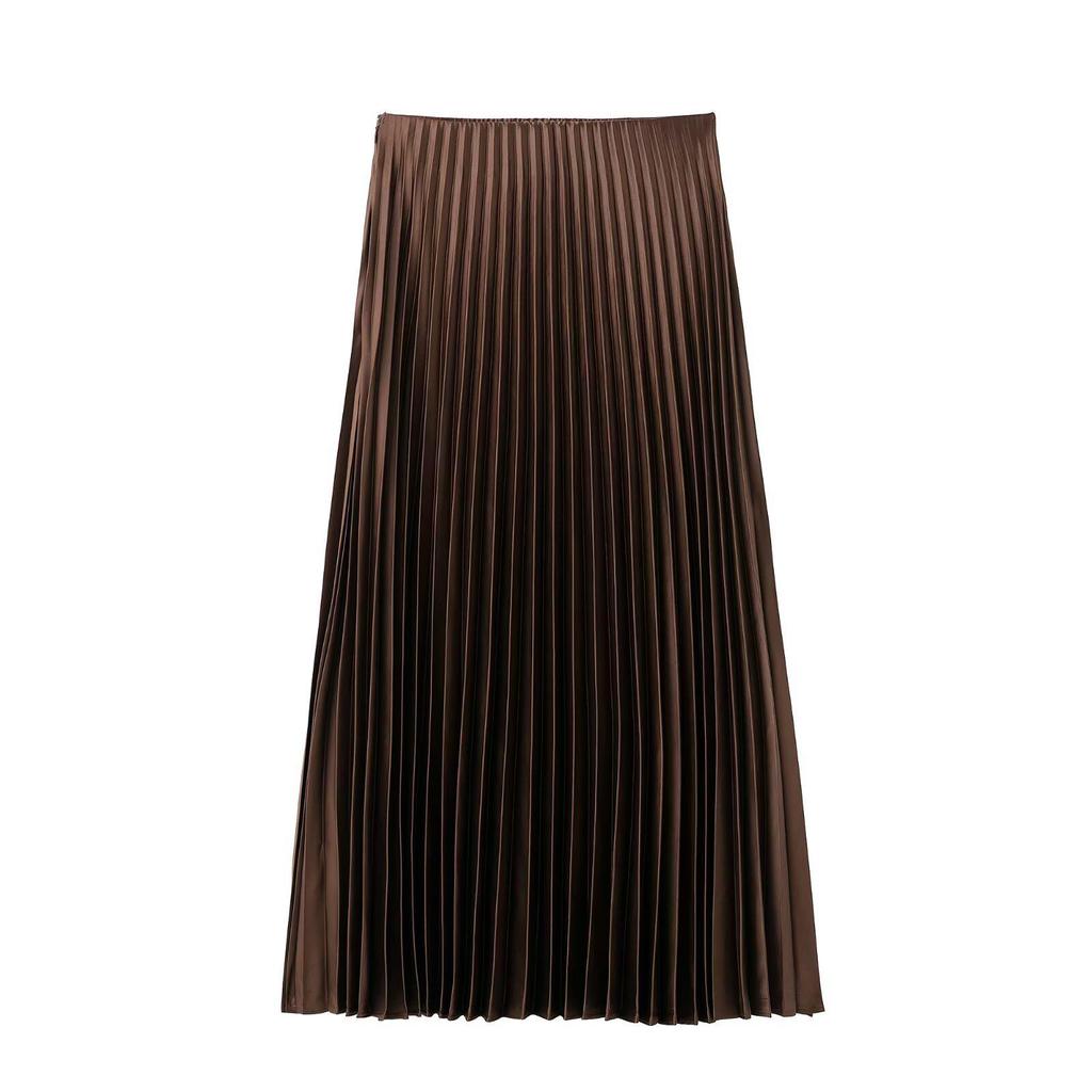 Spring 2025 Women's Slimming High-Waisted Silk Satin Pleated Midi Skirt