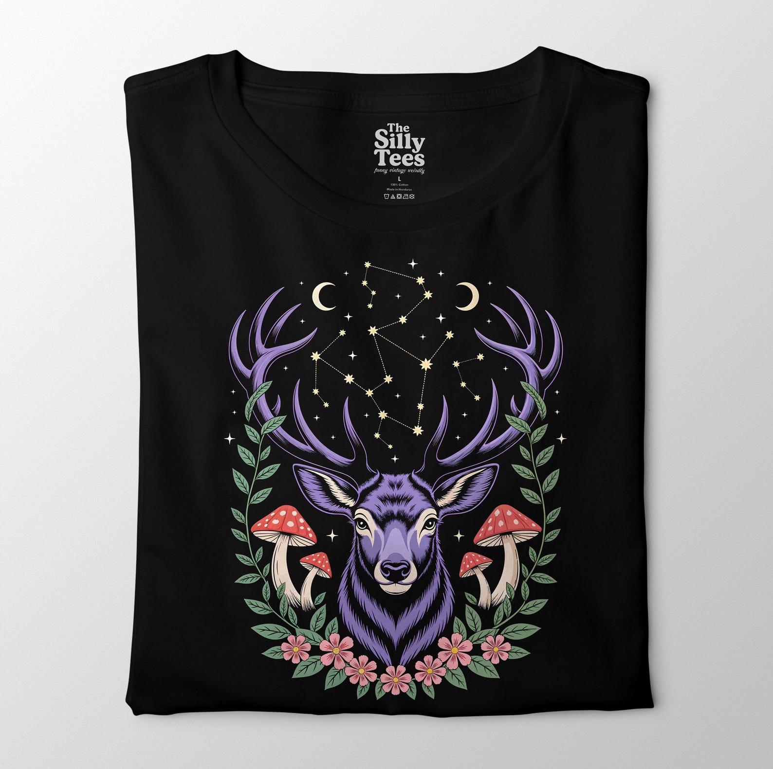 Mystic Forest Deer T-Shirt: Celestial Stag, Mushrooms & Constellations XL