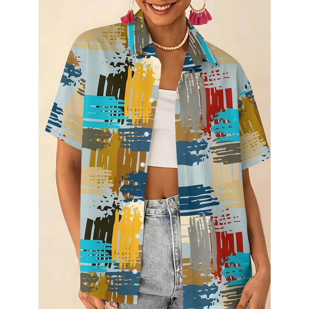 Women s Artistic Graffiti-Style Color-Block Brushstroke Print Short-Sleeve Shirt S