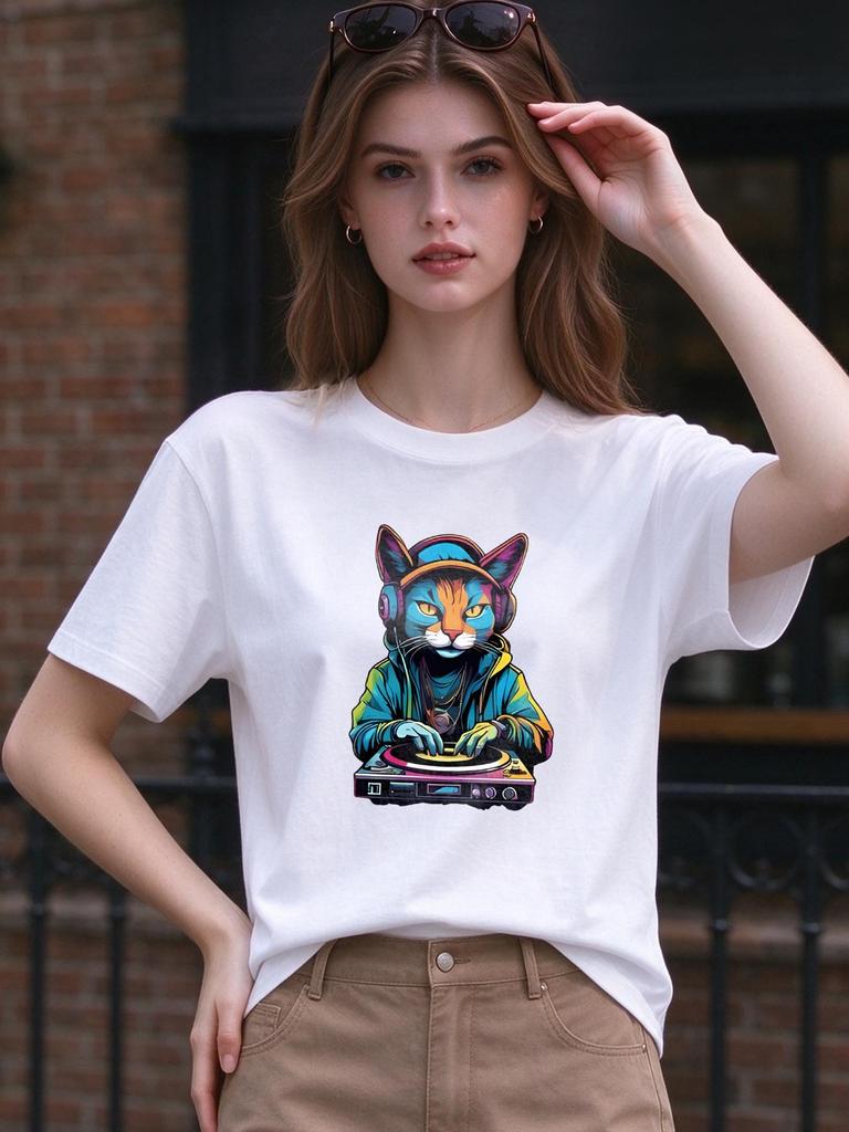 Unisex T Shirt Cool DJ Cat Print Casual Daily Wear Soft Comfortable Top