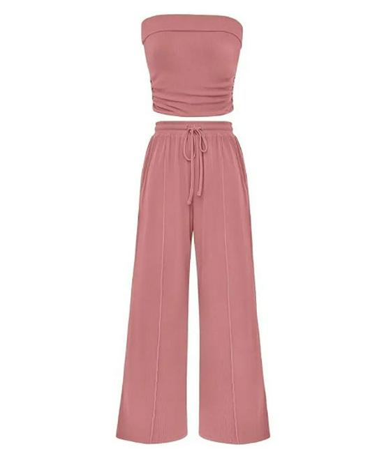 2026 European & American Fashion Casual Solid Color Bandeau Top and Pants Women's Set - Vacation Style