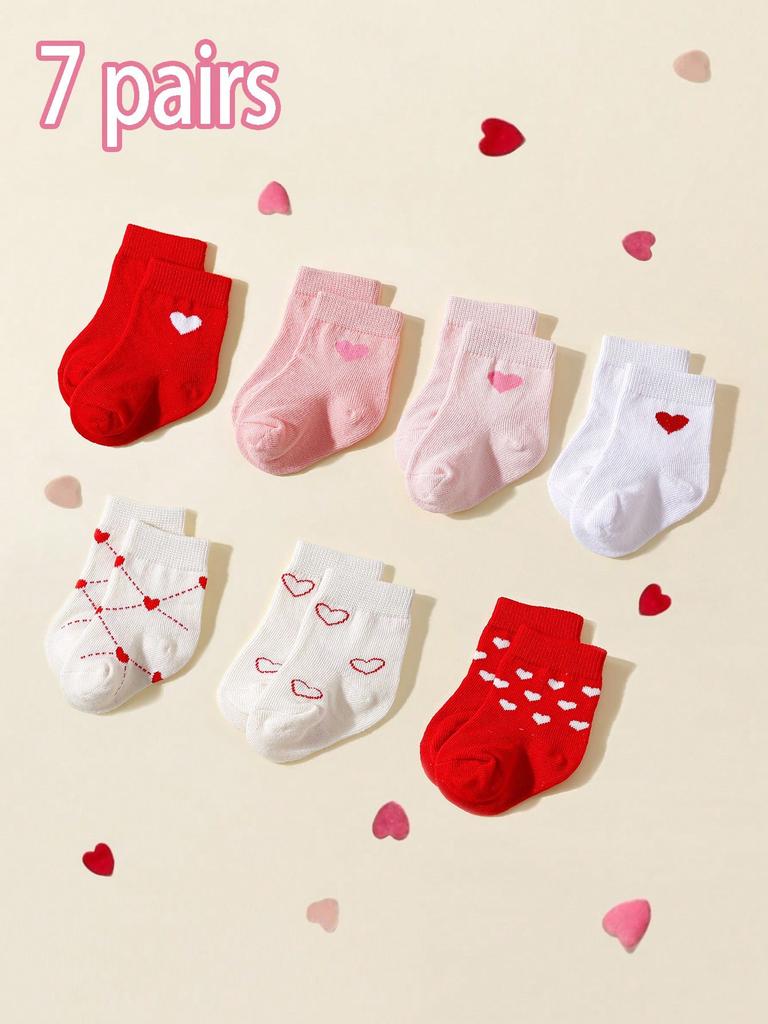 7 Pairs Pack Newborn Girls Soft Cotton Anti-Slip Socks, Fashion Cute Heart Print Short Ankle Socks Gifts for 0-1 Years Baby Girls