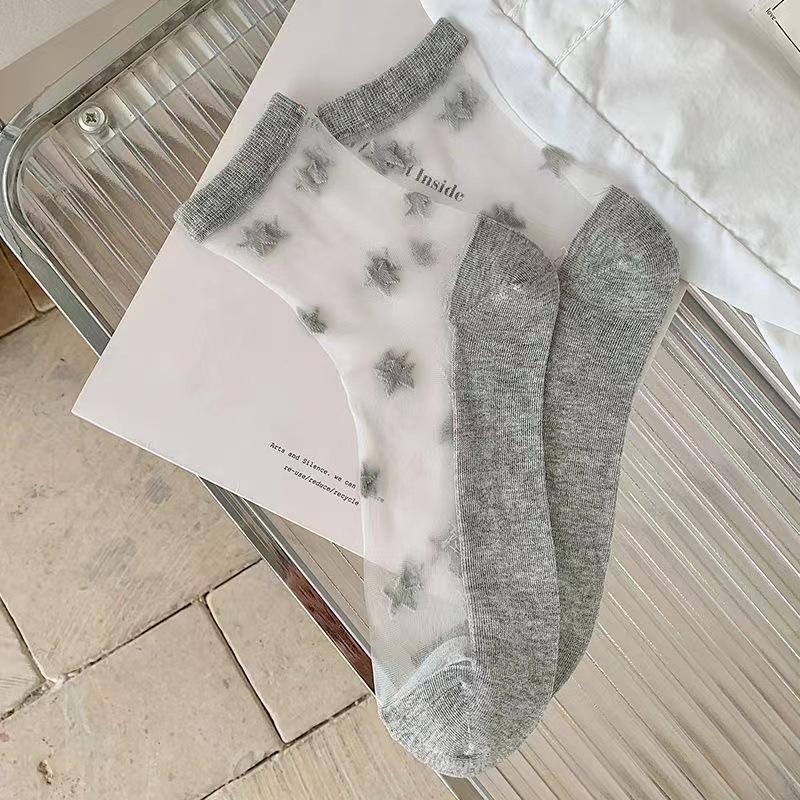 Frühlings- und Sommerdünne Transparente Glasfasersocken, Damen-Mittelwadensocken, Lächelnd, Niedliche und Atmungsaktive Baumwollsocken für Studentenfüße