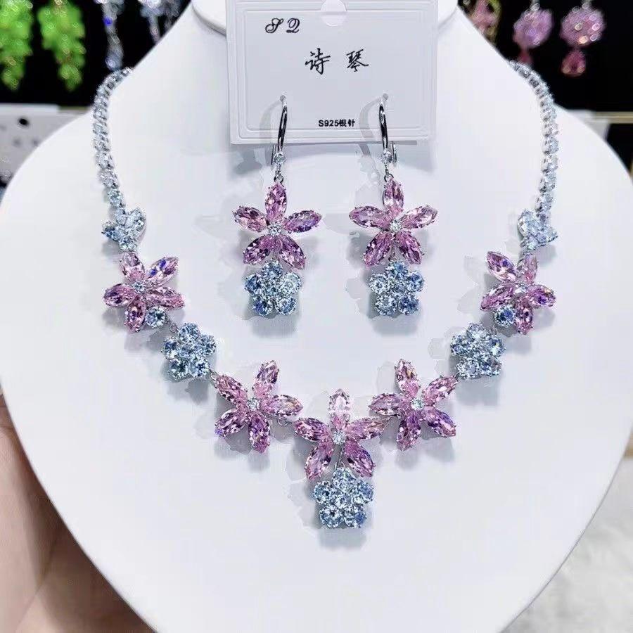 Super Flash Pink and Blue Contrasting Color Flash Diamond Flower Necklace Earrings Fashionable Versatile Temperament Unique High-end Design Set