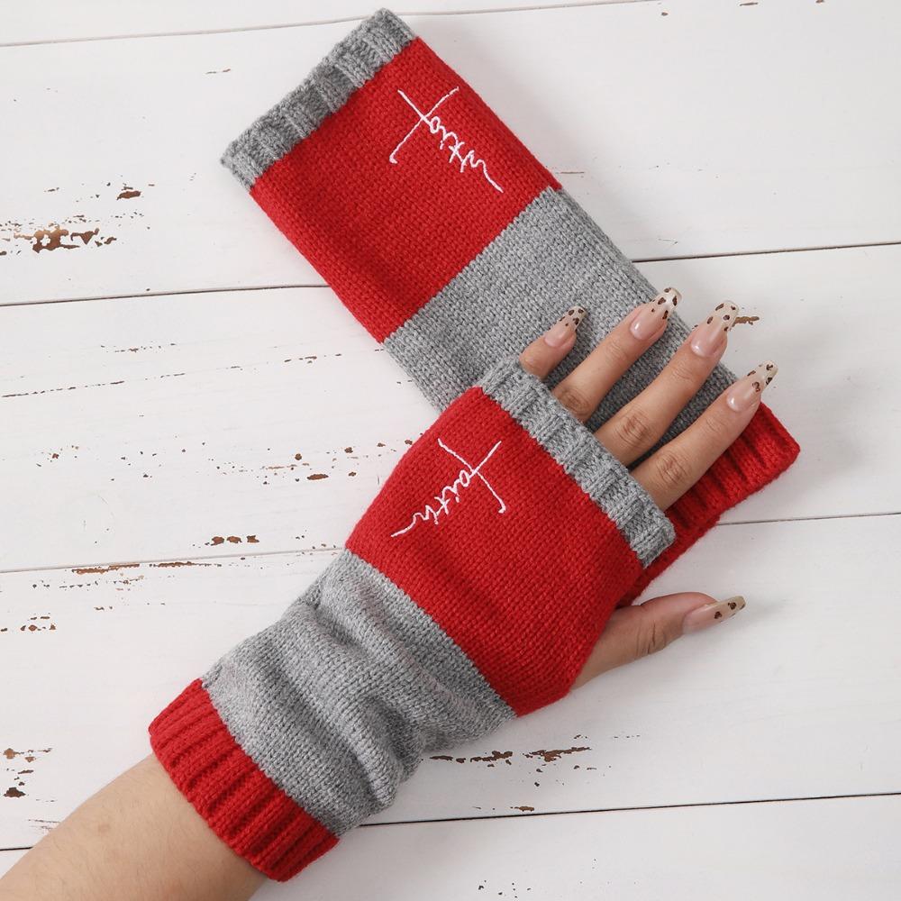 Embroidered Colour Block Gloves - Women's Warm Stretch Knit Gloves | Perfect for Autumn/Winter