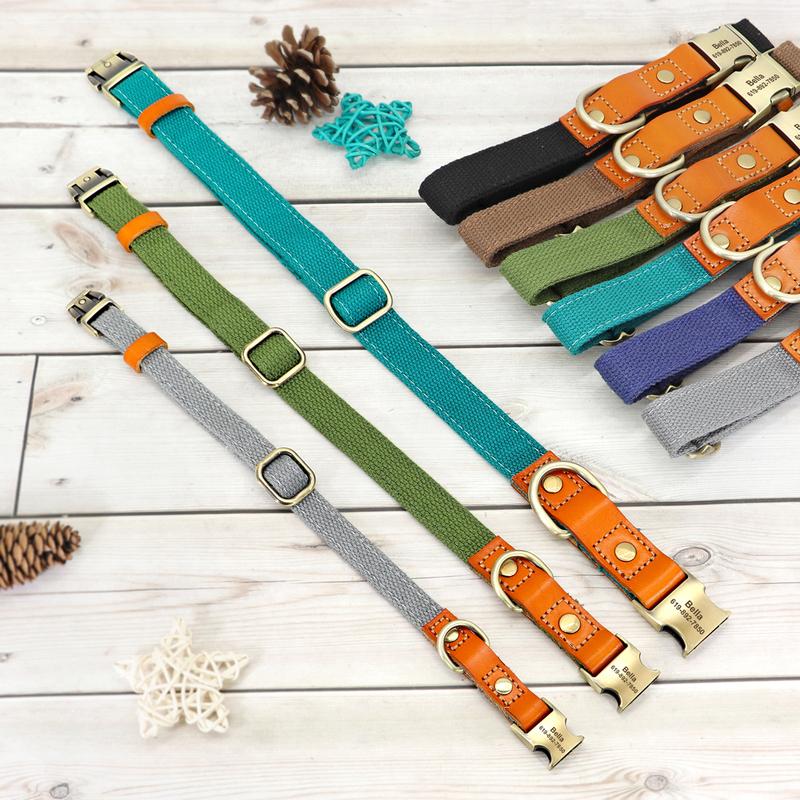 Personalized Dog Collar Leash Set Nylon Leather Dogs Necklace Customized Pet ID Tag Collars 5ft Walking Lead Rope For Dogs Pug