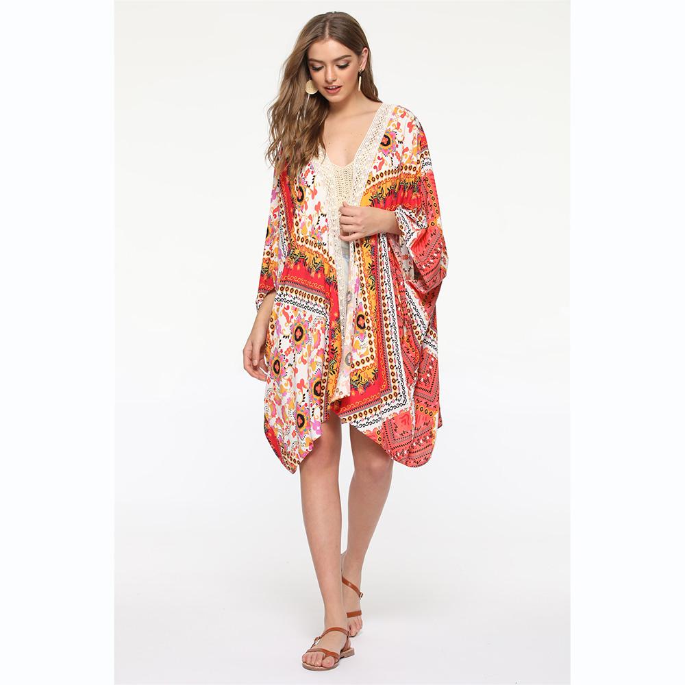 Long Sleeve Printing Waist Tied Casual Loose Long Cardigan Beach Bikini Cover-Up