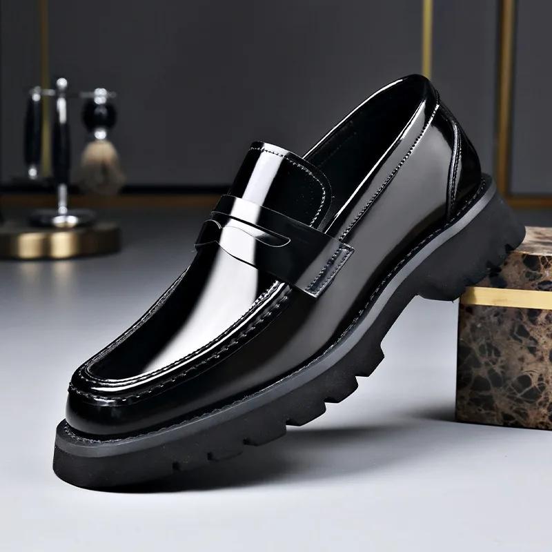 Fashion Designer New Thick Sole Bright Surface Breathable Men's Loafers Fashion Thick Sole British Style Business Leather Man Shoes