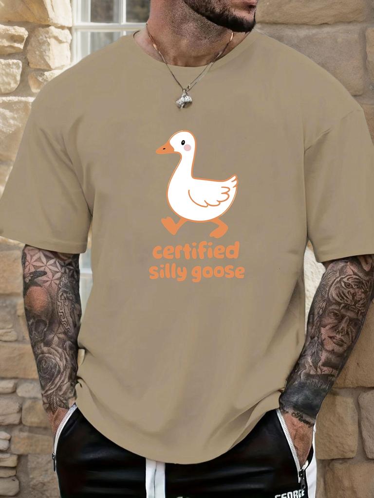 Mens Casual Tshirt Silly Goose Print Short Sleeve Round Neck Breathable Soft Oversized Fun Daily Wear Tee